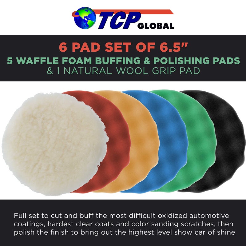 TCP Global مجموعة وسادات تلميع TCP Global بحجم 6.5 بوصة - 5 وسادات فوم ويفل و1 وسادة صوف لمعدات التلميع الدائرية، وسادة تلميع DA لتصحيح الطلاء، مجموعة تلميع لتفاصيل السيارات والقوارب - Image 2
